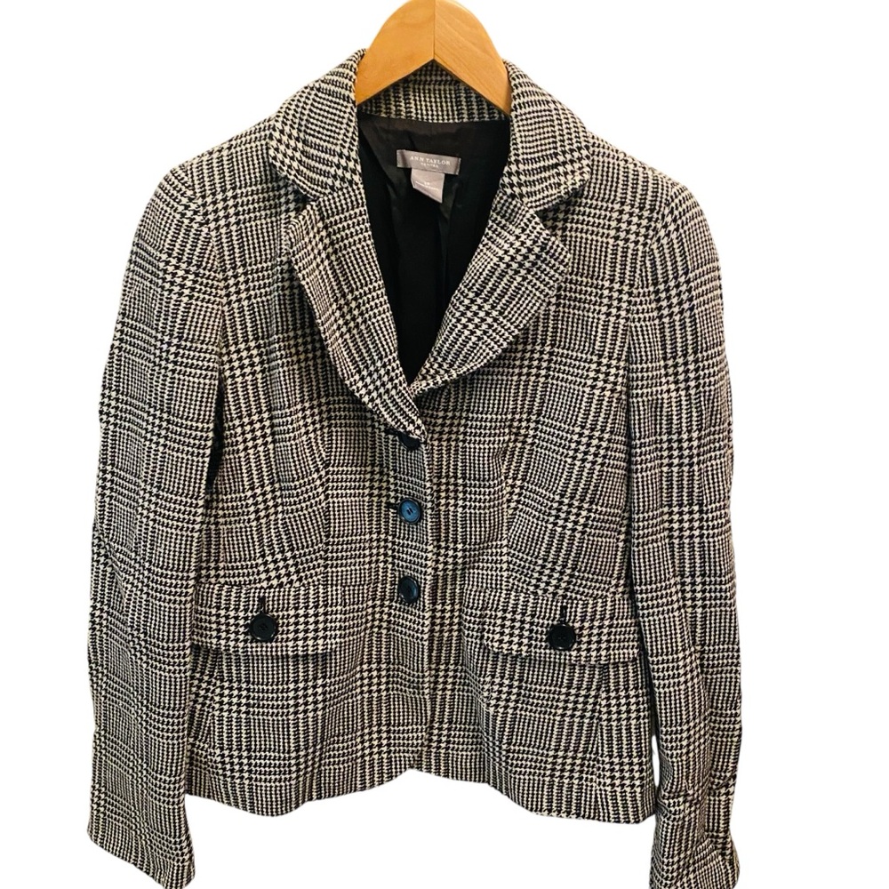 Ann Taylor Women's Blokette Wool Blend Blazer Black White Houndstooth Jacket